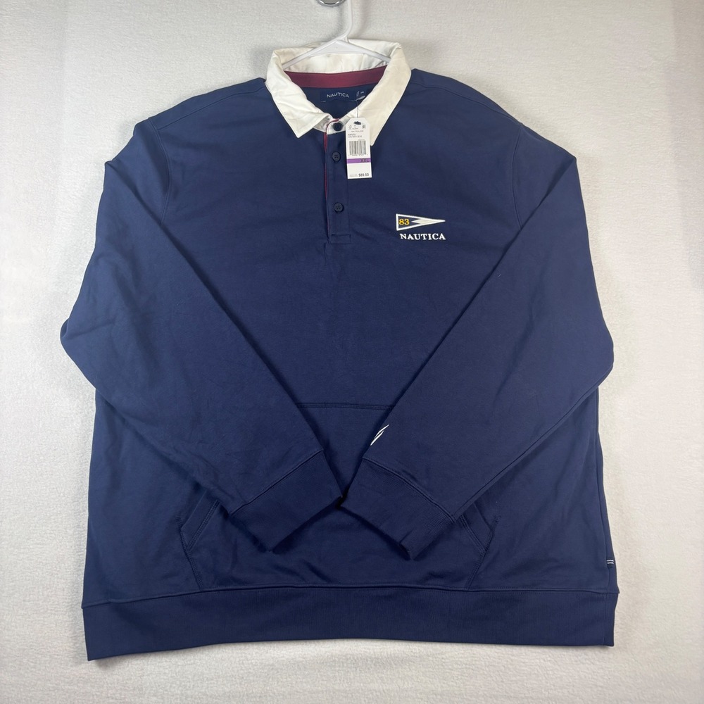 Nautica Mens Navy Seas Rugby Sweatshirt XXL Long Sleeve White Collar K47172 NEW